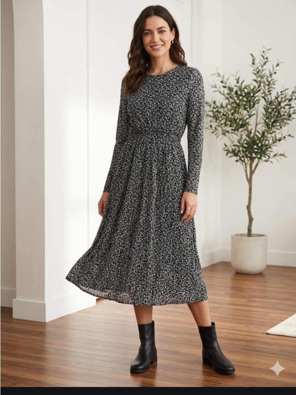 Zara Womens Black White Ditsy  Floral Print L/S Midi Dress Sz S Cottagecore